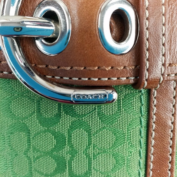 Coach Soho Signature Mini C Green Jacquard Dark Tan Trifold Checkbook Wallet Vtg - Picture 11 of 16
